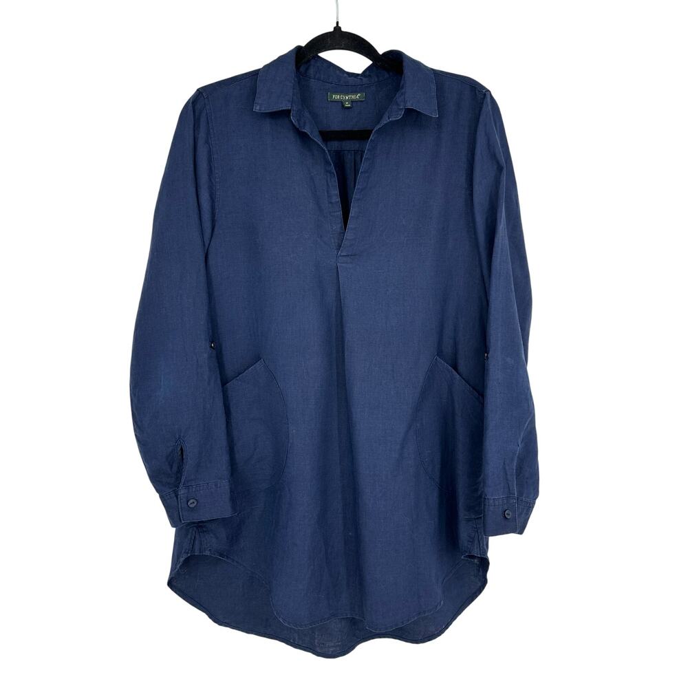 For Cynthia Womens Long Sleeve 100% Linen Top Navy Lagenlook Coastal Minimalist
